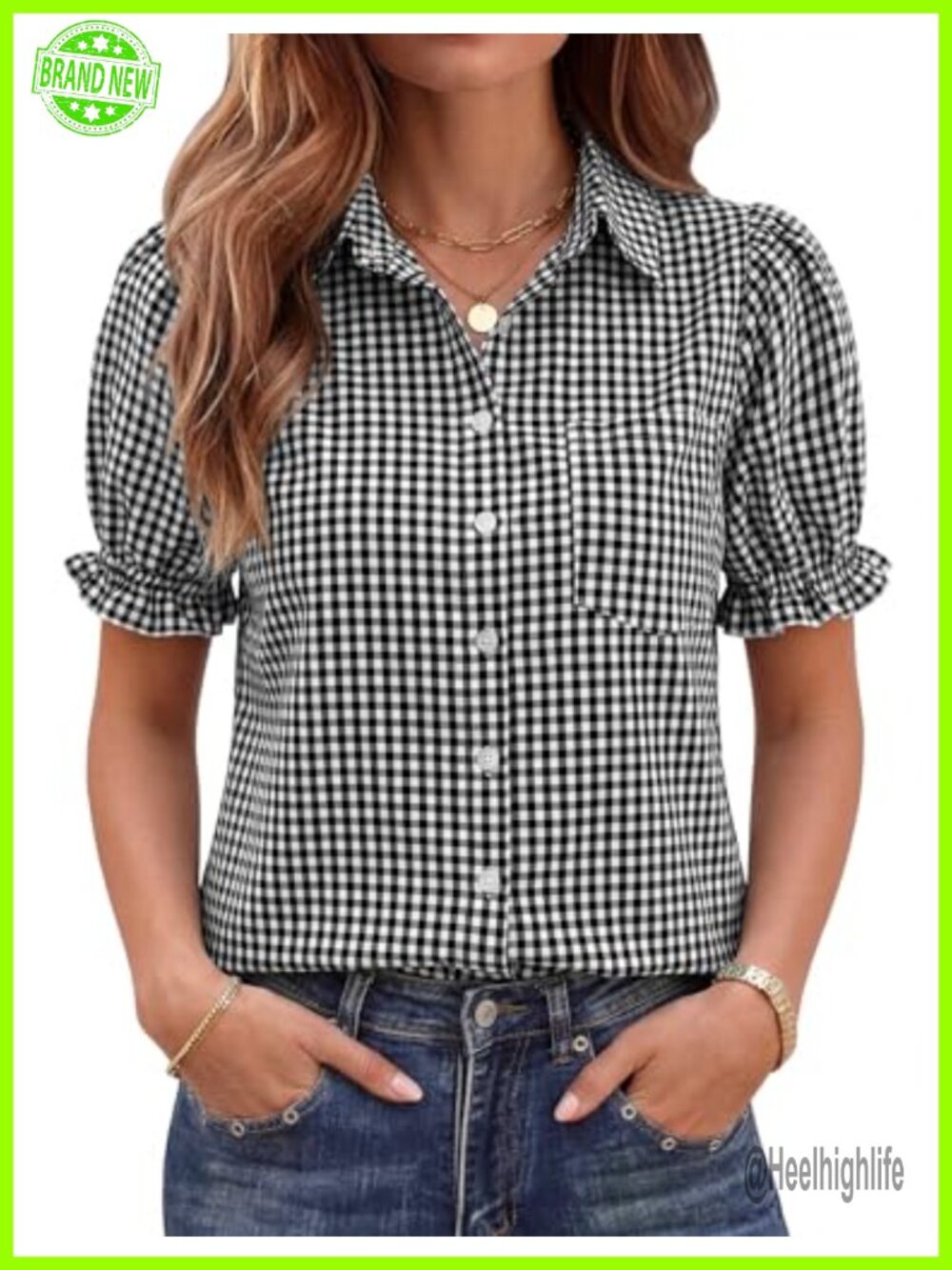 Linen Button Down Blouse Puff Sleeve V-Neck Work Top